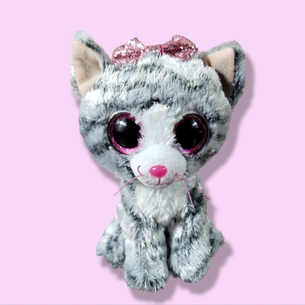 ✓TY Beanie Boo Kiki Gray & White Cat Pink Glitter Eyes & Bow 9’’ Plush TYSILK